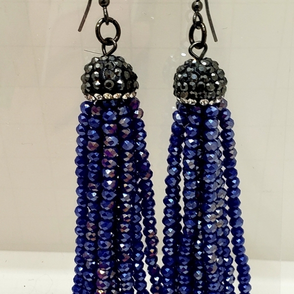 Earrings-Ballroom Blue bead Tassel drop earrings - Picture 2 of 2